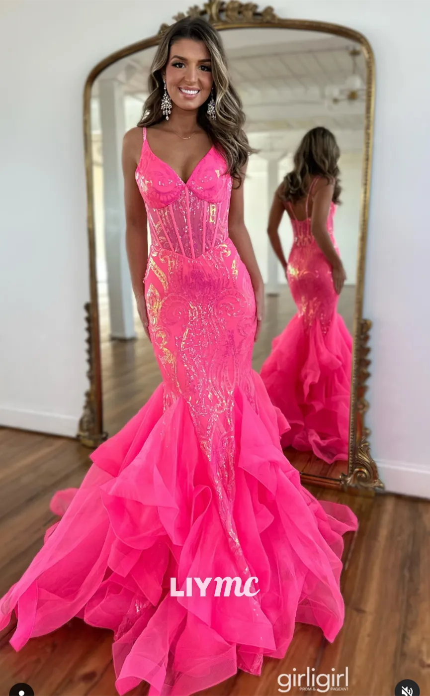 LP1252 - Sexy V-Neck Mermaid Sequins Brush Train Sparkly Prom Dresses