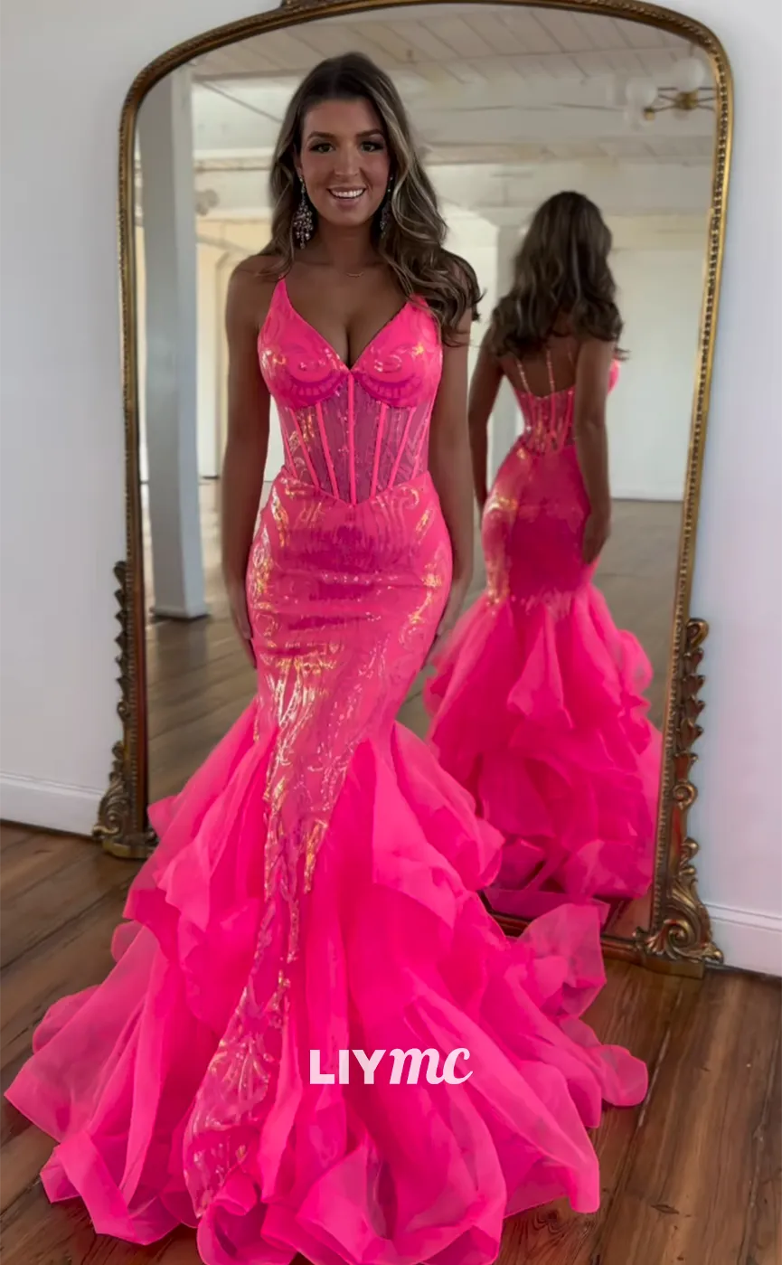 LP1252 - Sexy V-Neck Mermaid Sequins Brush Train Sparkly Prom Dresses