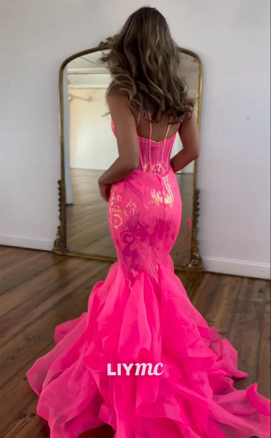 LP1252 - Sexy V-Neck Mermaid Sequins Brush Train Sparkly Prom Dresses