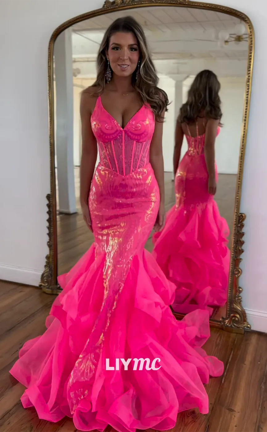 LP1252 - Sexy V-Neck Mermaid Sequins Brush Train Sparkly Prom Dresses